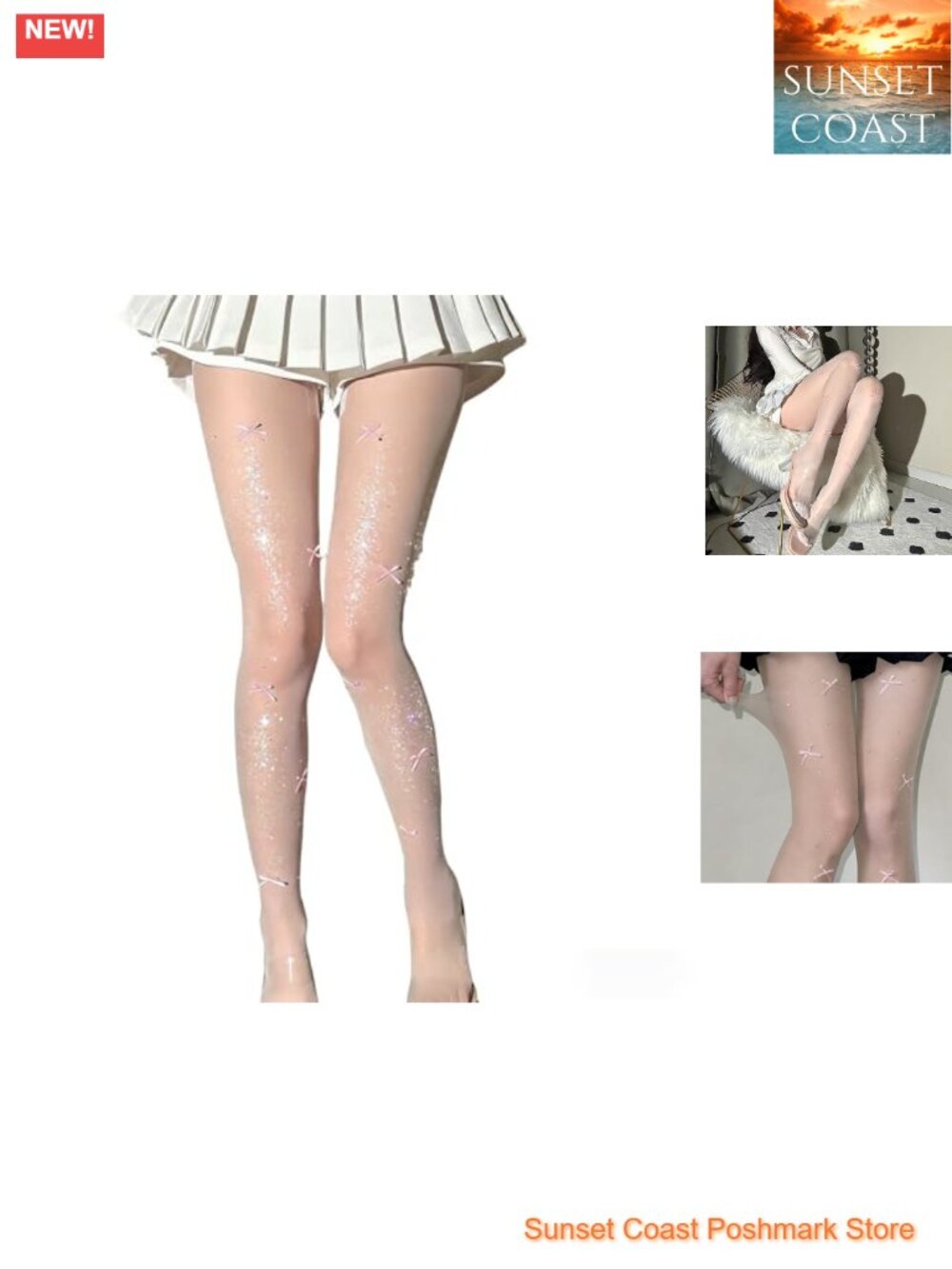 Rhinestone Glitter Tights with Bow Sheer Nylon High Stretch One Size Lolita